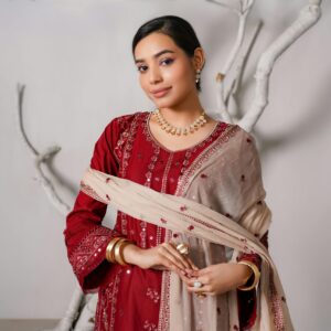 Portrait of a woman in traditional Pakistani dress with elegant accessories.